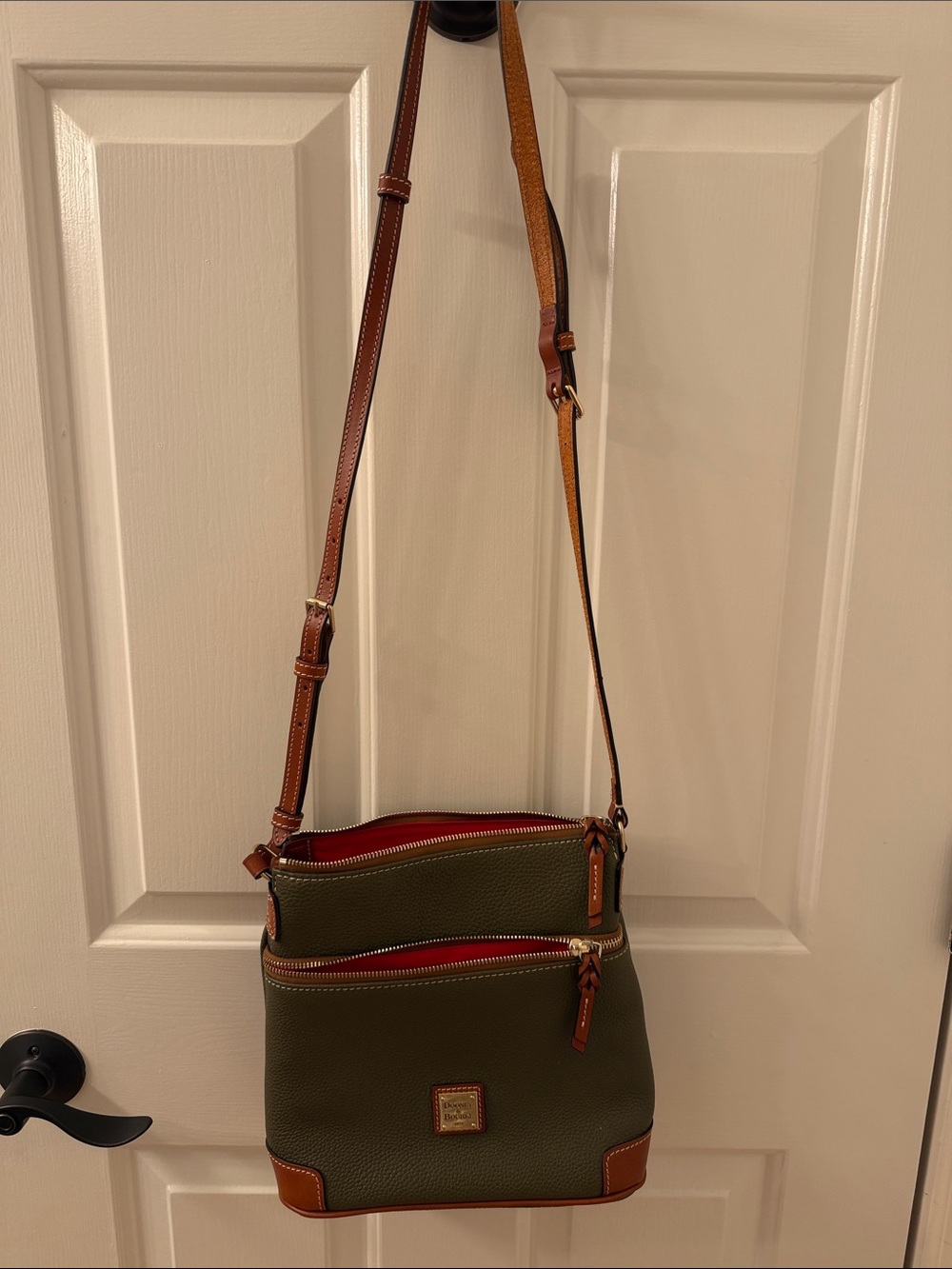 Dooney & Bourke Olive and Tan Pebbled Leather Crossbody with Red Accents